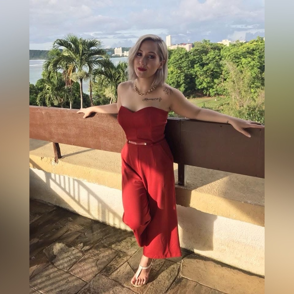 Orange-red strapless jumpsuit